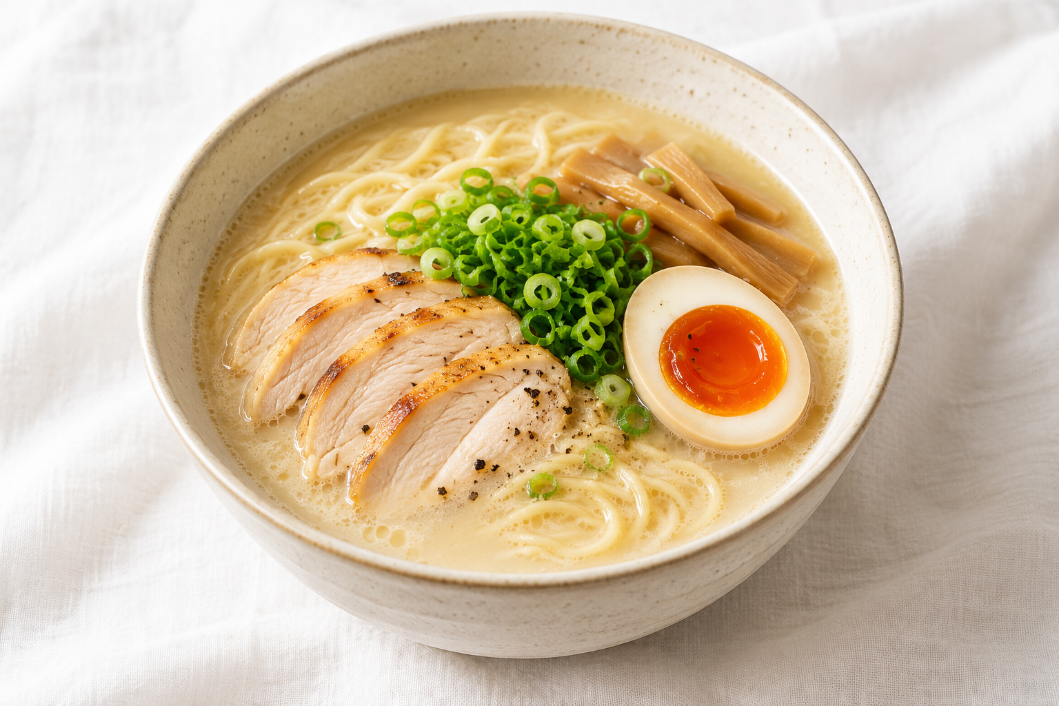 白い器に盛り付けた、まろやかな鶏白湯らぁめんのイメージ